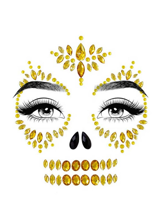 Sugar Skull Adhesive Face Jewels Sticker - Gold LA-EYE039